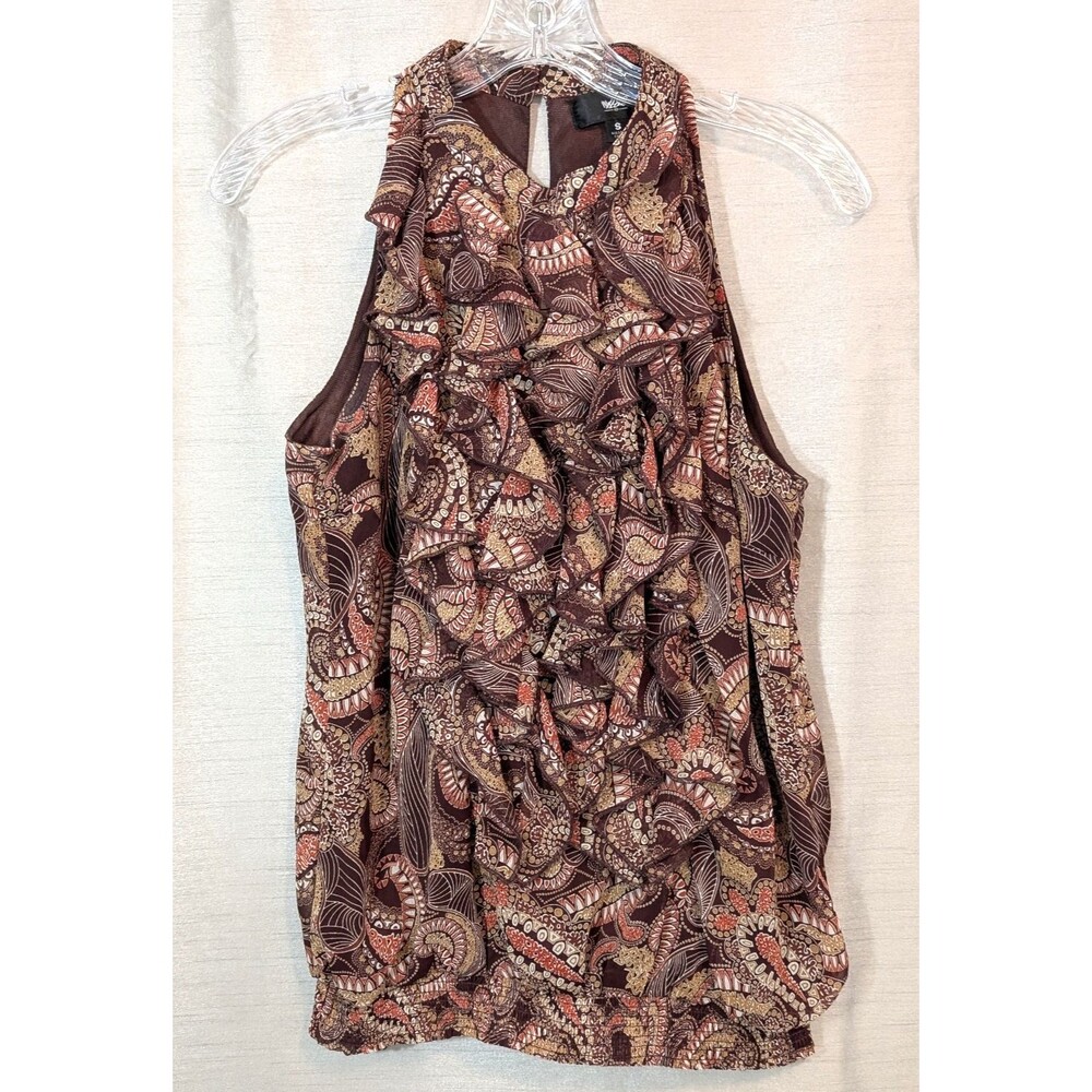 MOSSIMO Brown Paisley Ruffle Front Sleeveless Blouse Size S Bohemian Dark Fairy